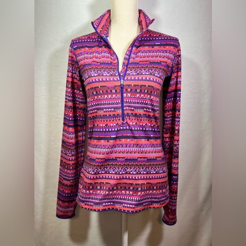 Nike Women's Pink and Purple Patterned Long Sleeve Top Size M Half Zipper Front